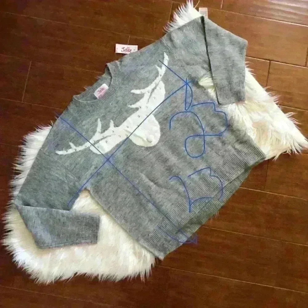 NWT Justice Gray white antler deer sweater girls size 18-20 PTP 23